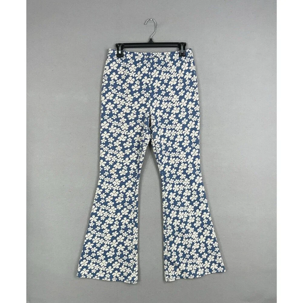 American Eagle Pants Womens Medium Blue White Floral Flare Retro Boho 90s Y2K - Picture 1 of 15